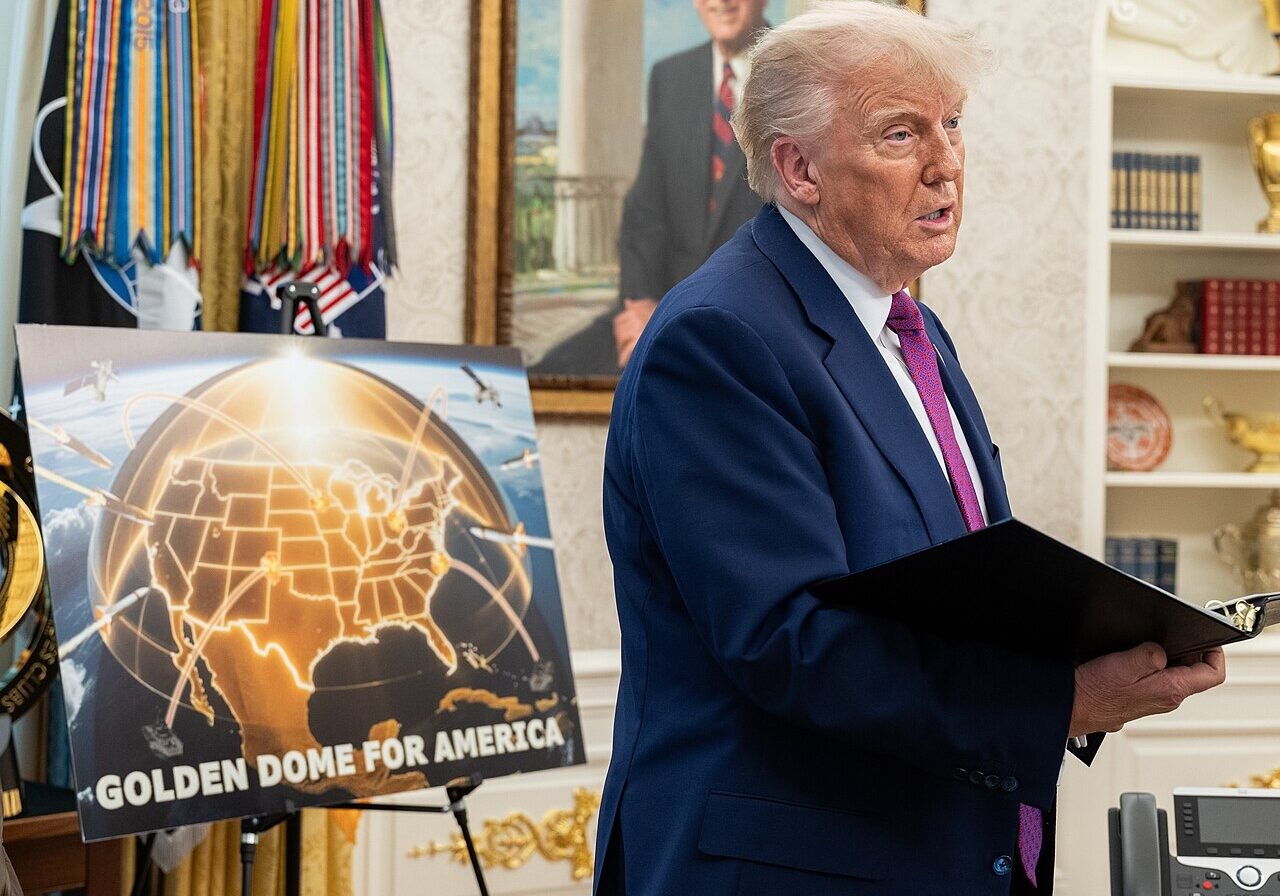 Golden Dome_White House_WikiM President Donald Trump speaks with officials and staff in the Oval Office before his announcement of the Golden Dome missile defense system, Tuesday, May 20, 2025. (Official White House Photo by Joyce N. Boghosian)